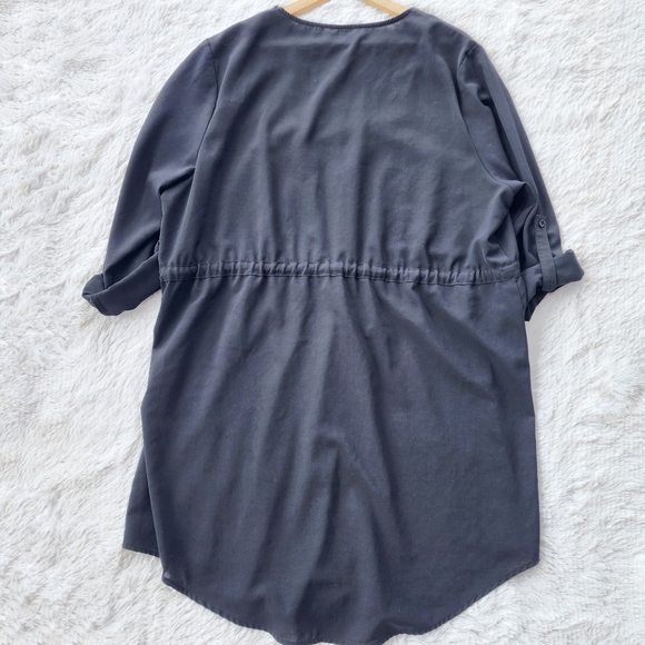 Black Button Front Drawstring Waist Shirt Dress‎ - Picture 6 of 6